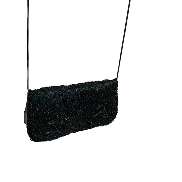 Vintage Sling Clutch Bag Black Beaded Purse Prom Evening 9" x 5" - Picture 3 of 8